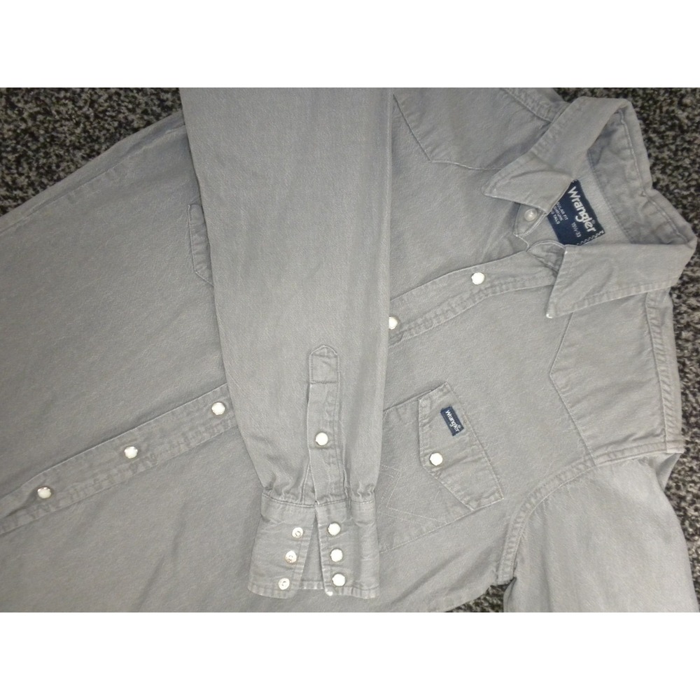 Wrangler Shirt Mens M 15.5-33 Gray Pearl Snap Canvas X Long Tails Western Cowboy